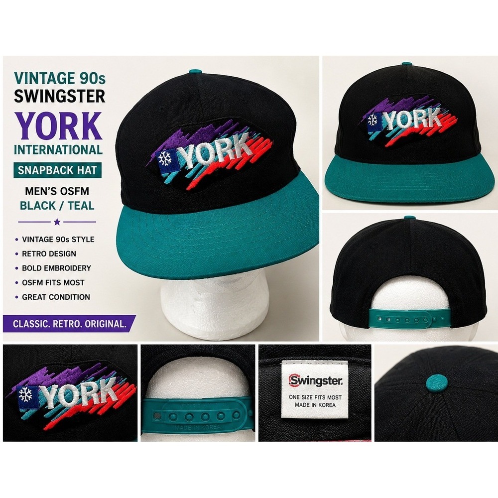 Vintage 90s Swingster York International Snapback Hat Mens OSFM Black Teal Retro